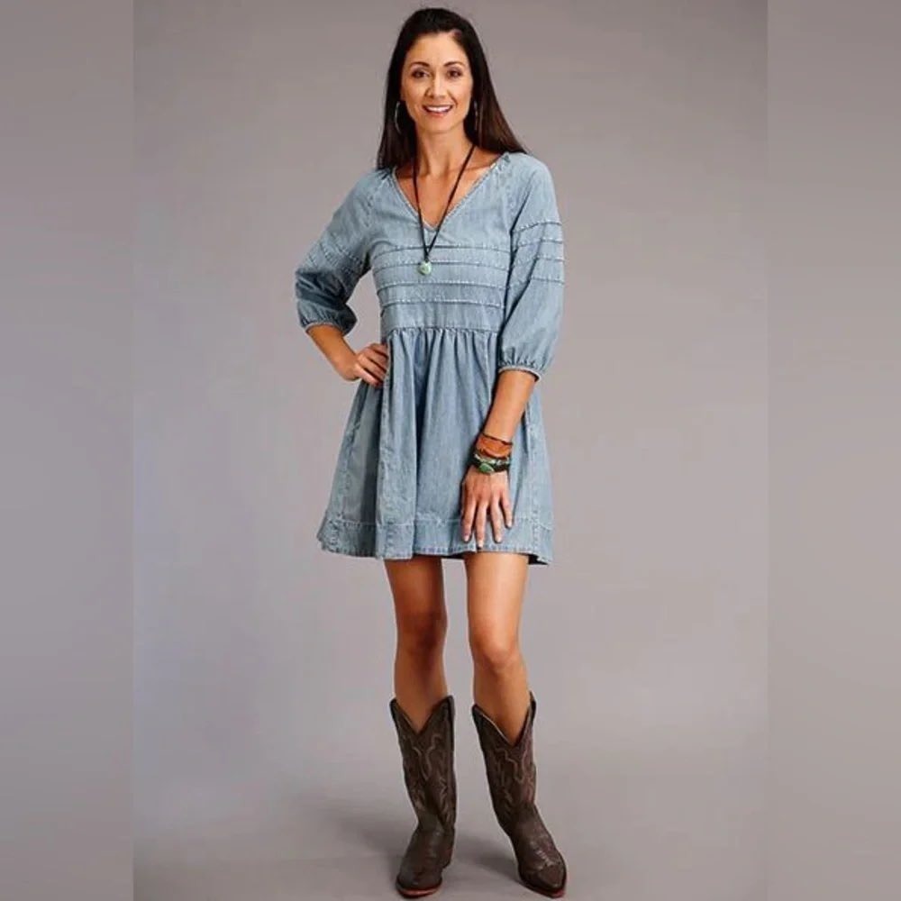 Stetson Blue Cotton Pintuck V-Neck Chambray Denim Dress Small